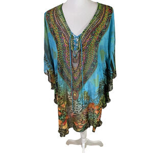 NWT Sequin Multicolor Silk Blend V-Neck Sheer Swim Coverup ONE SIZE